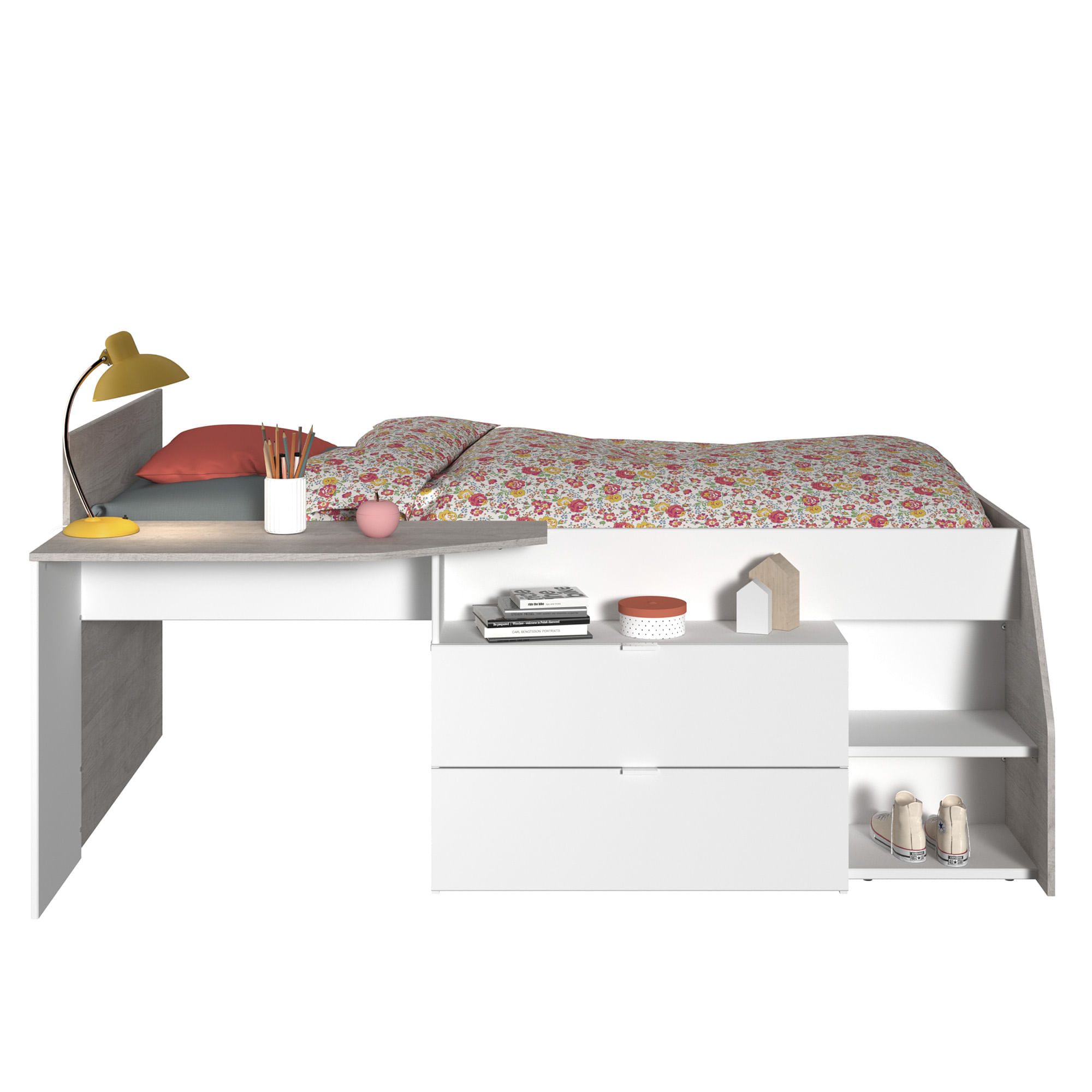 Cama-alta-MILKY-com-secretaria-90-x-200-cm---Branco-e-Cinzento