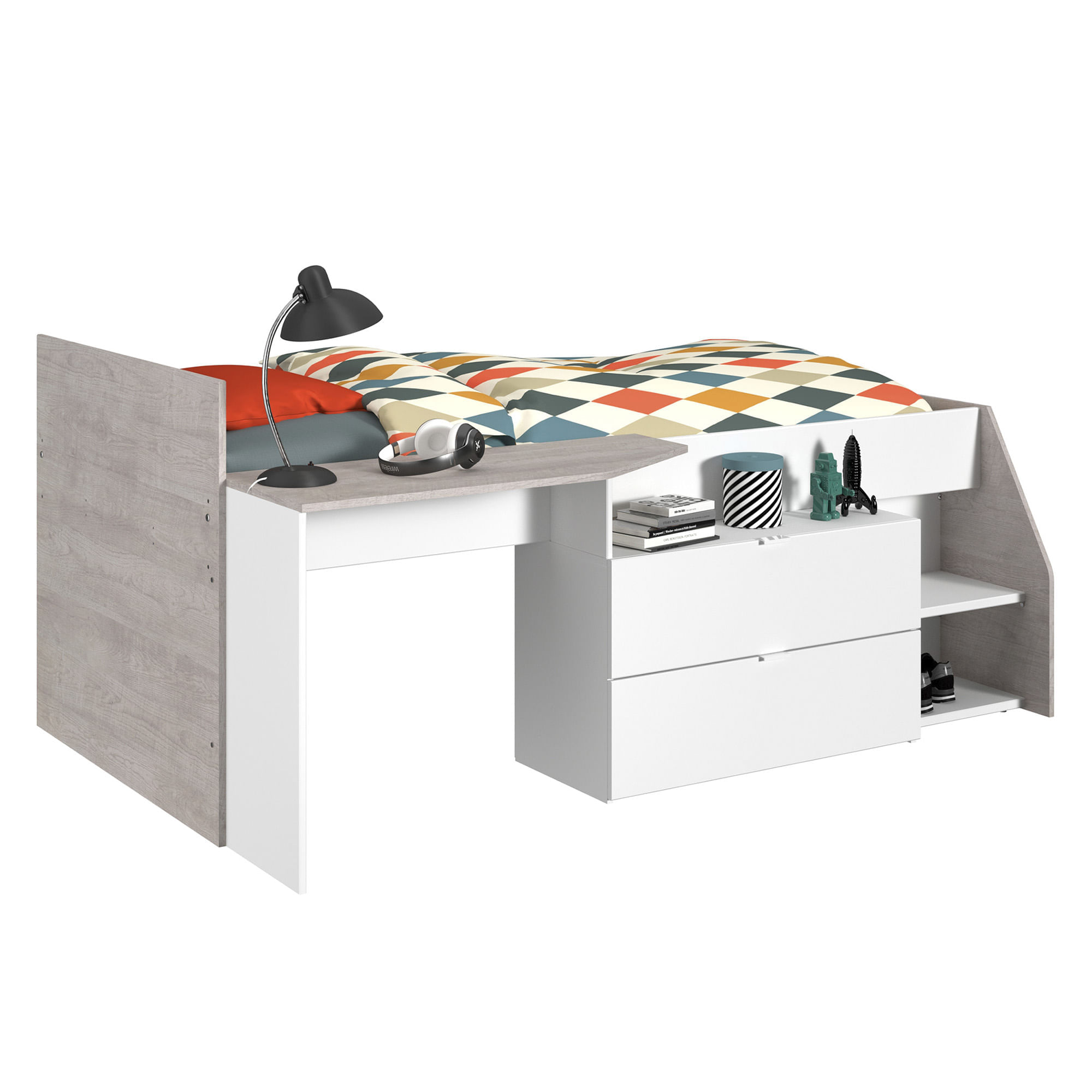 Cama-alta-MILKY-com-secretaria-90-x-200-cm---Branco-e-Cinzento