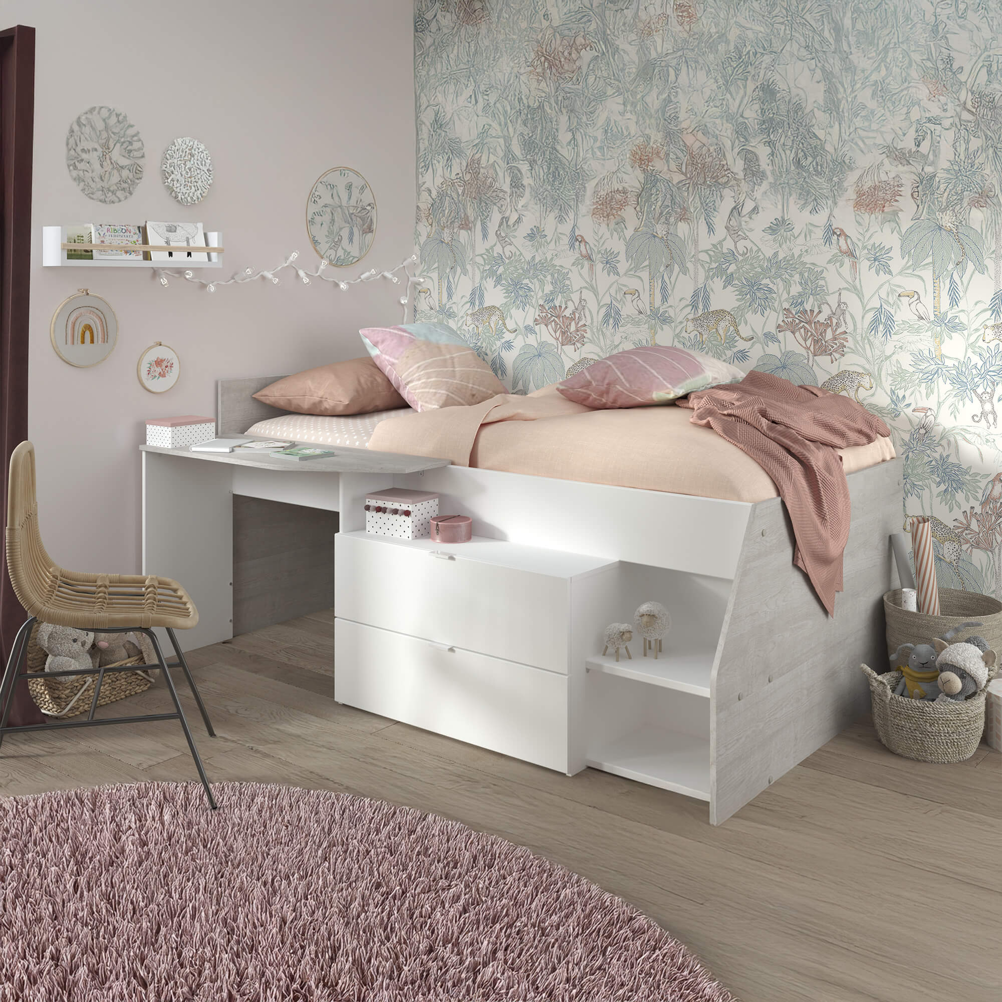 Cama-alta-MILKY-com-secretaria-90-x-200-cm---Branco-e-Cinzento