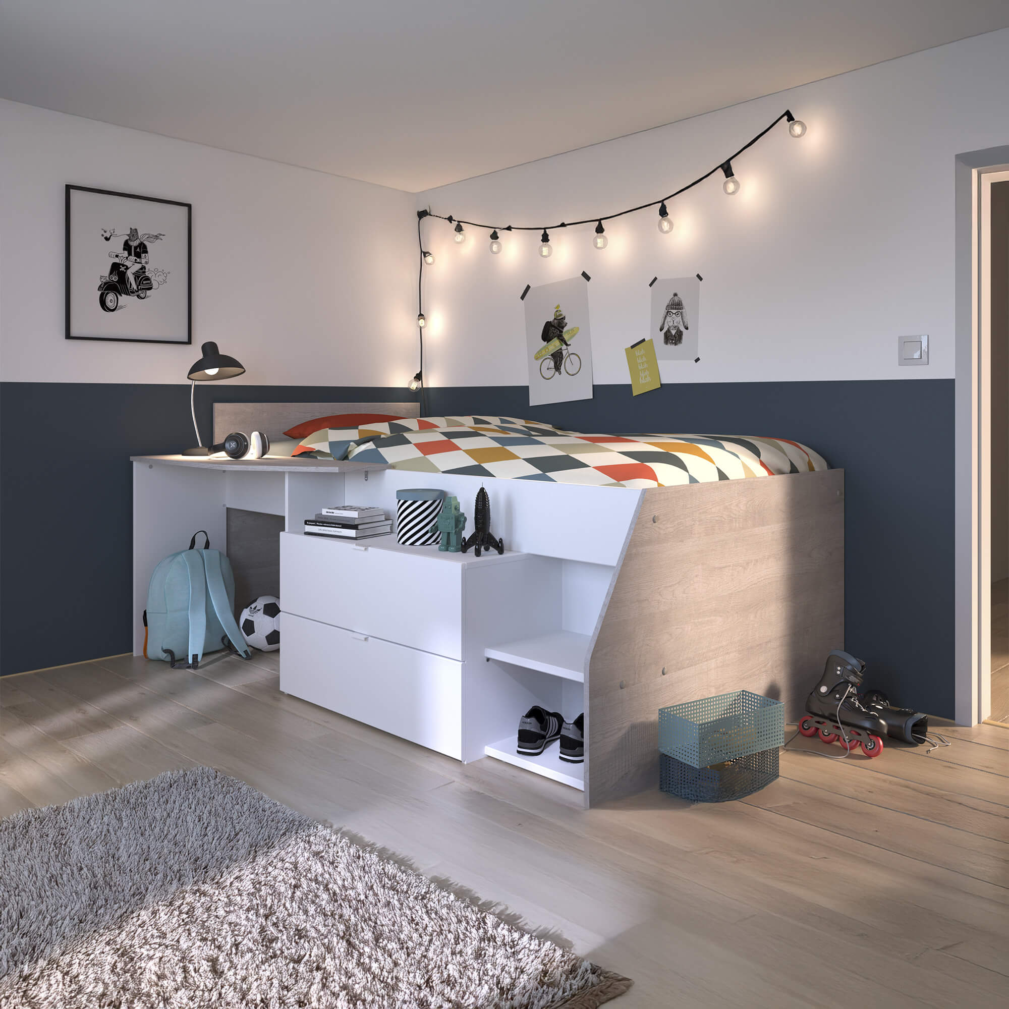 Cama-alta-MILKY-com-secretaria-90-x-200-cm---Branco-e-Cinzento