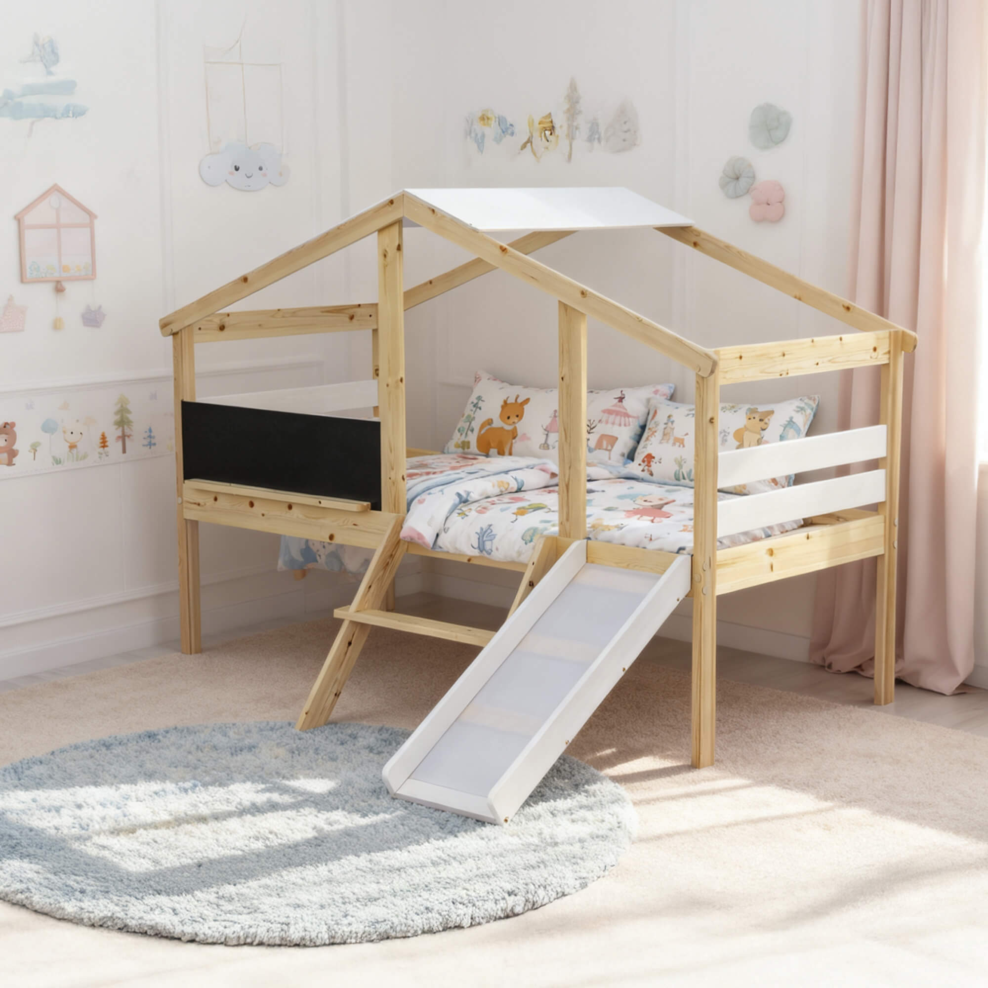 Cama-alta-SLIDER-com-escorrega-e-quadro-de-lousa-90-x-200-cm---Carvalho-Natura-e-Branco