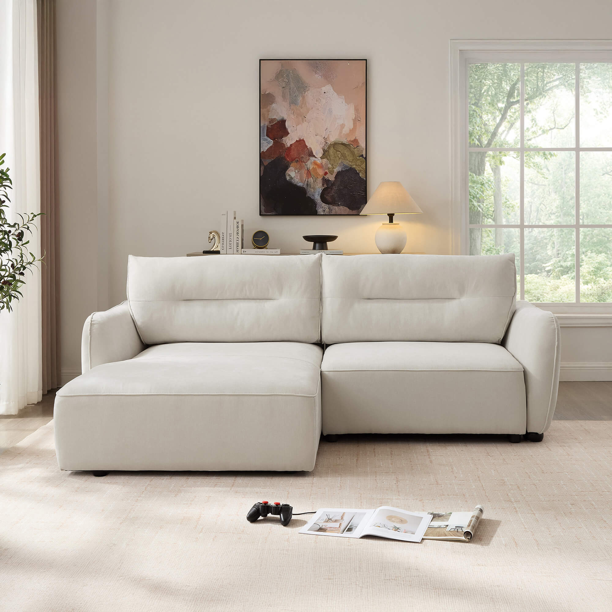 Sofa-chaise-longue-MELORIE-com-cama-e-bau-Bege---Esquerda