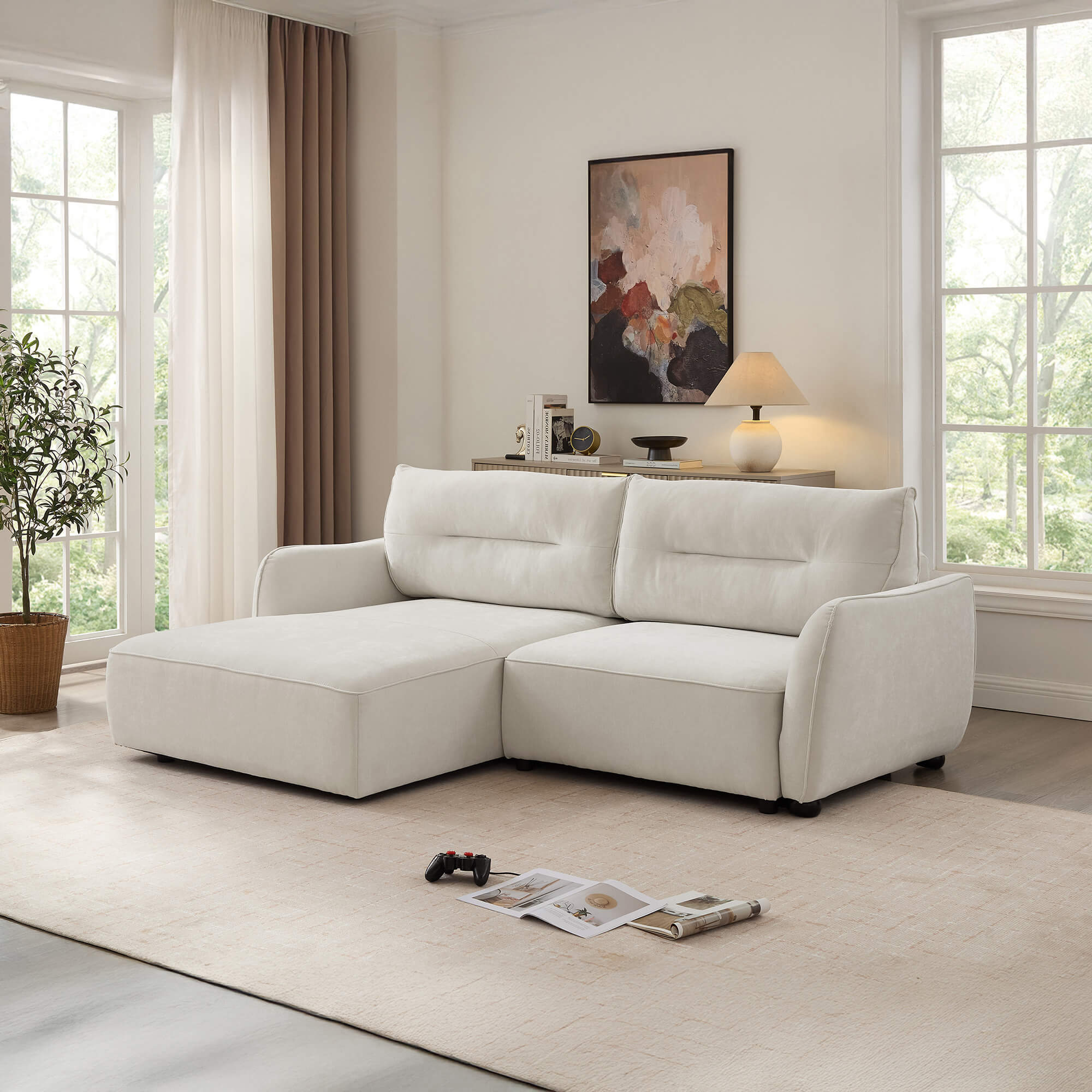 Sofa-chaise-longue-MELORIE-com-cama-e-bau-Bege---Esquerda