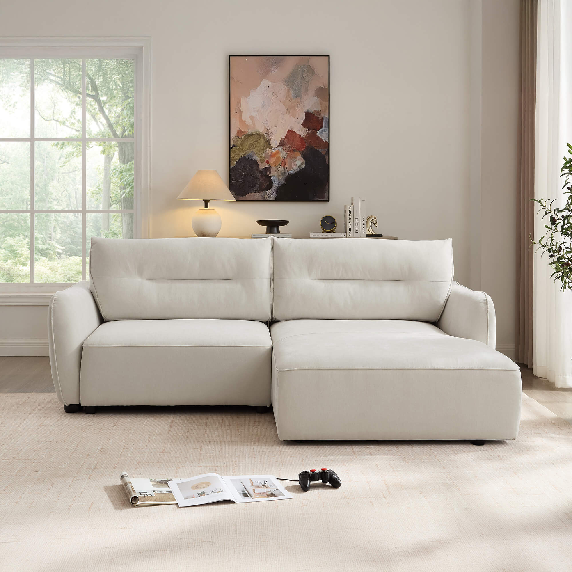 Sofa-chaise-longue-MELORIE-com-cama-e-bau-Bege---Direita