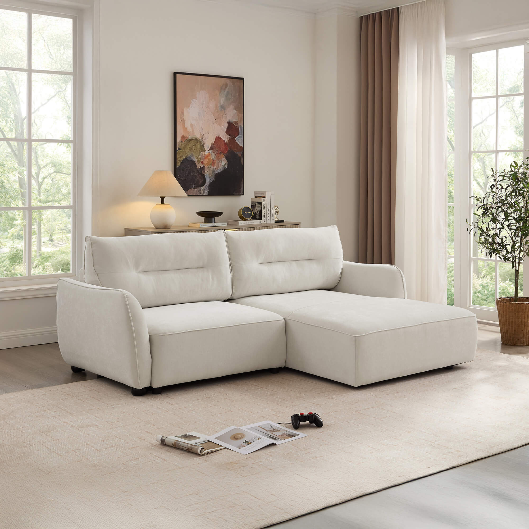 Sofa-chaise-longue-MELORIE-com-cama-e-bau-Bege---Direita