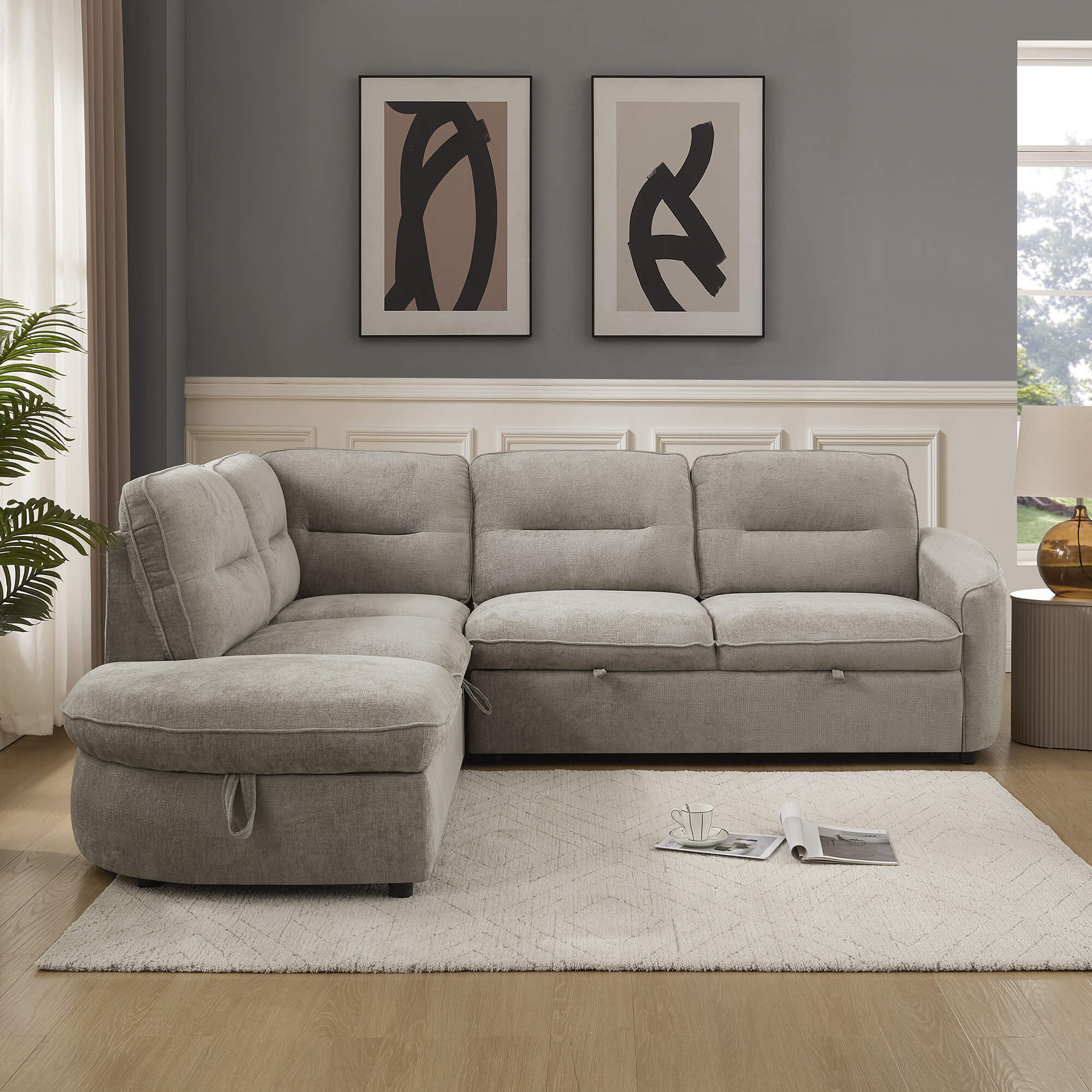 Sofa-de-canto-VIANA-com-cama-e-bau-Bege-Champanhe---Esquerda