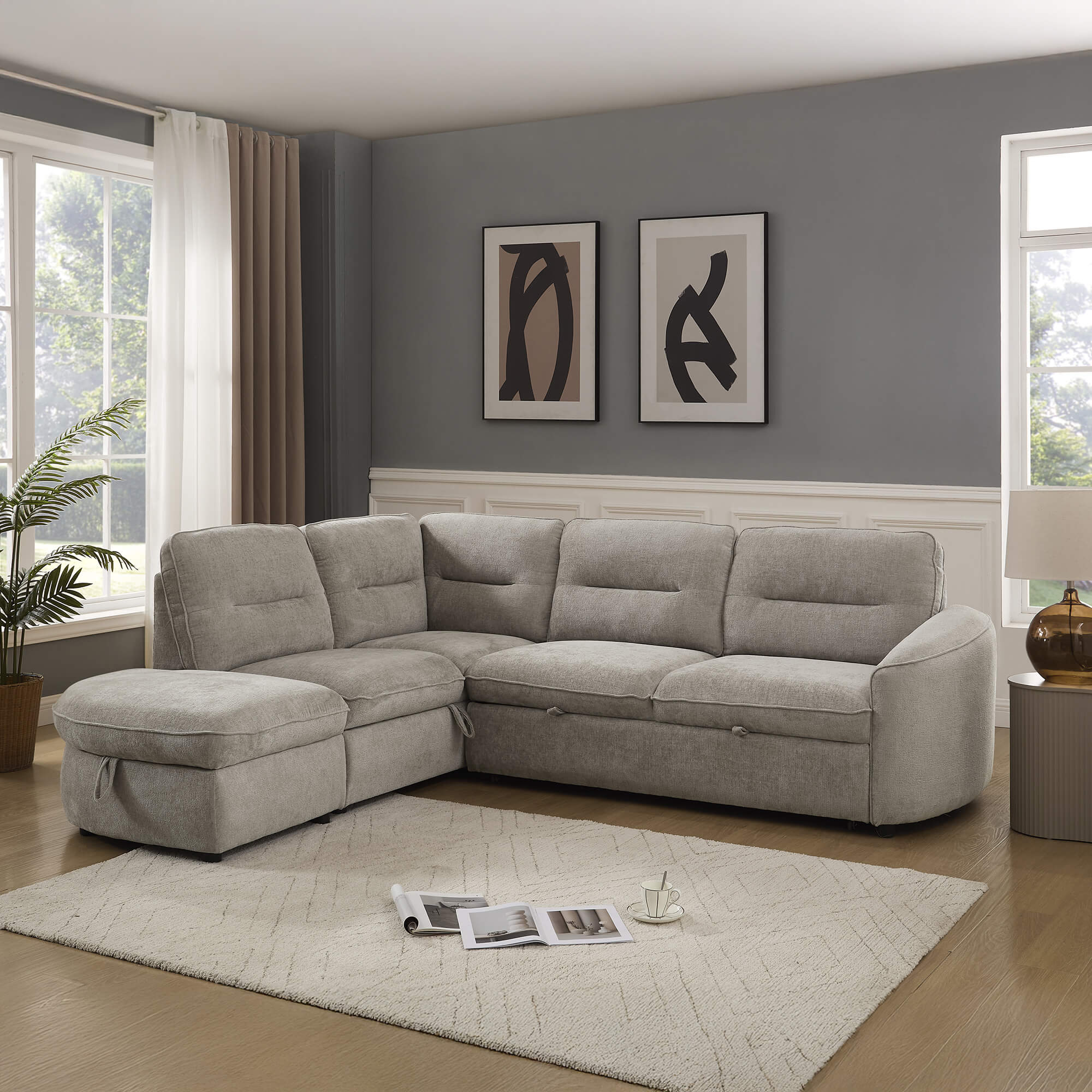 Sofa-de-canto-VIANA-com-cama-e-bau-Bege-Champanhe---Esquerda