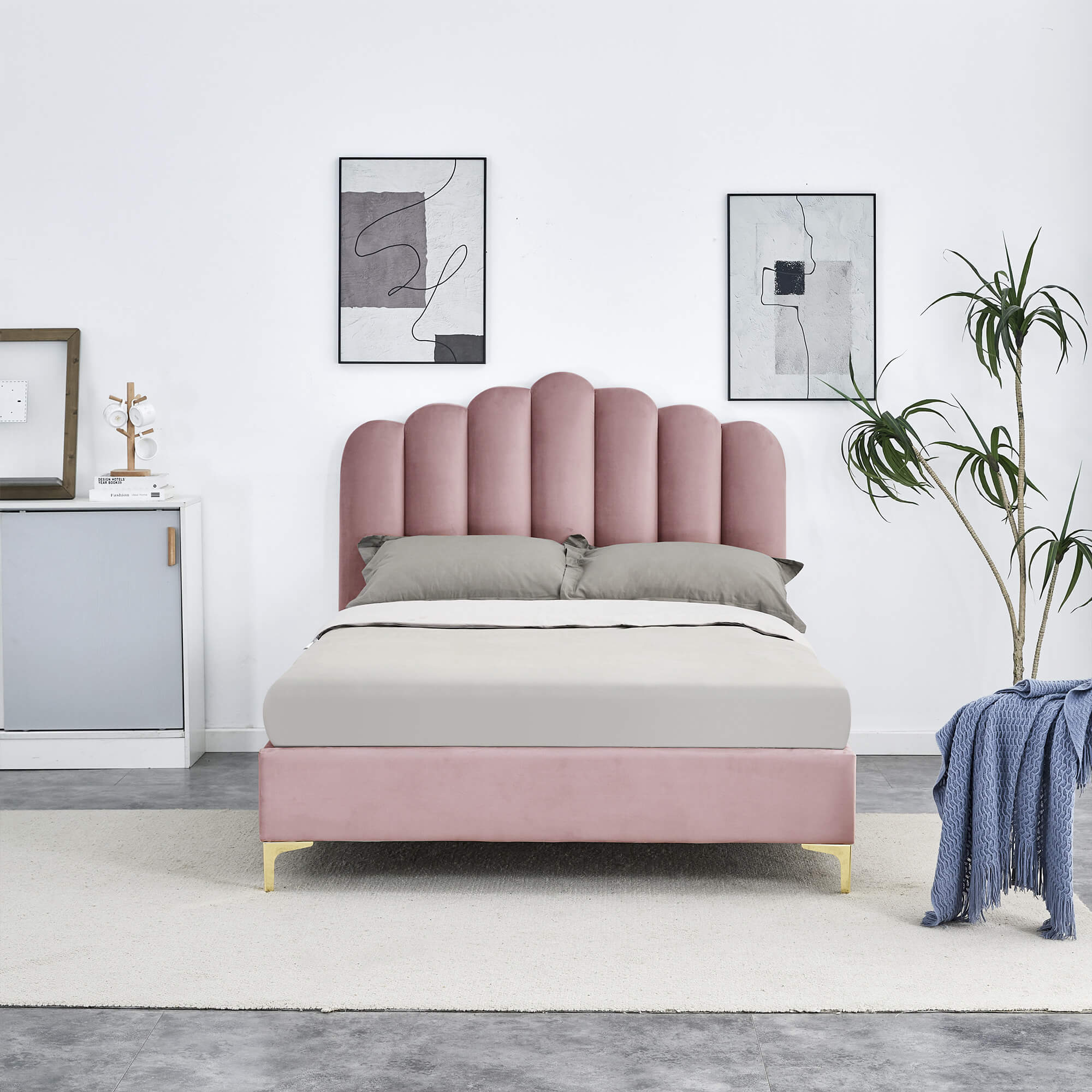 Cama-de-casal-CAMILLA-140-x-190-cm---Rosa--Veludo-