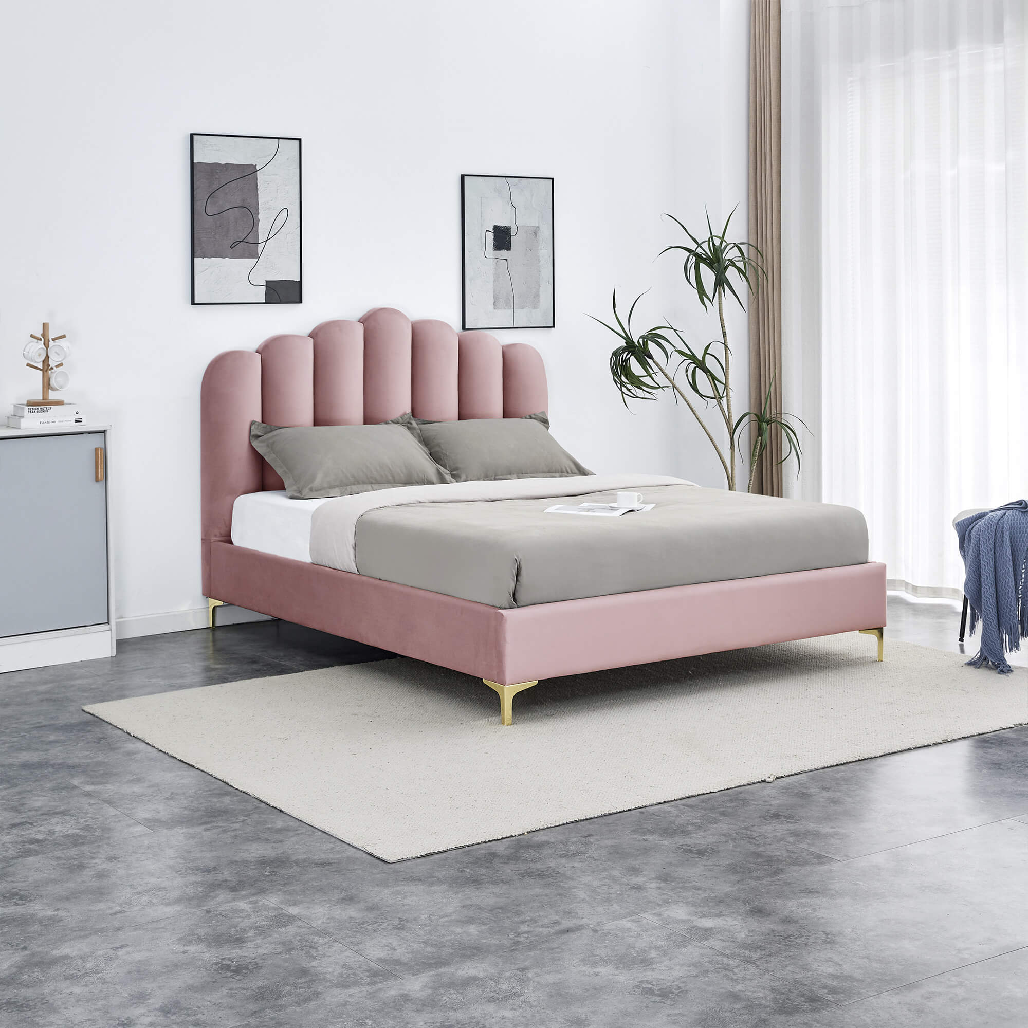 Cama-de-casal-CAMILLA-140-x-190-cm---Rosa--Veludo-