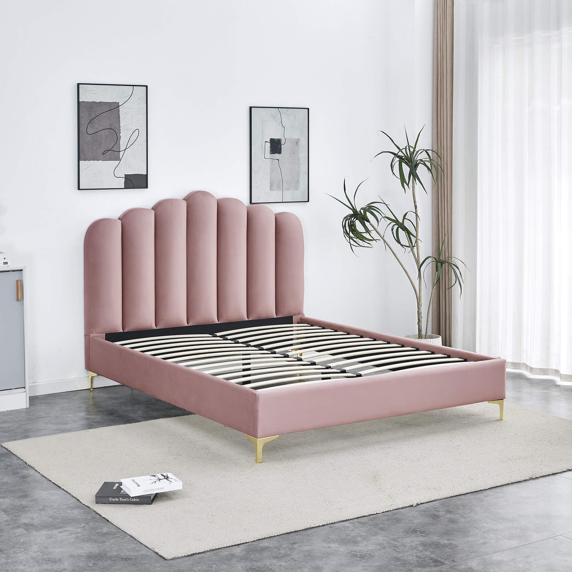 Cama-de-casal-CAMILLA-140-x-190-cm---Rosa--Veludo-