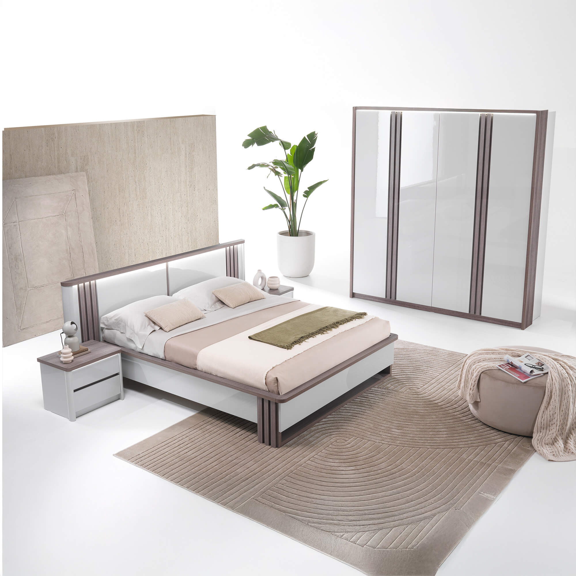 Cama-de-casal-PESARO-com-LED-160-x-200-cm---Cinzento-Brilho-e-Carvalho-Cinza