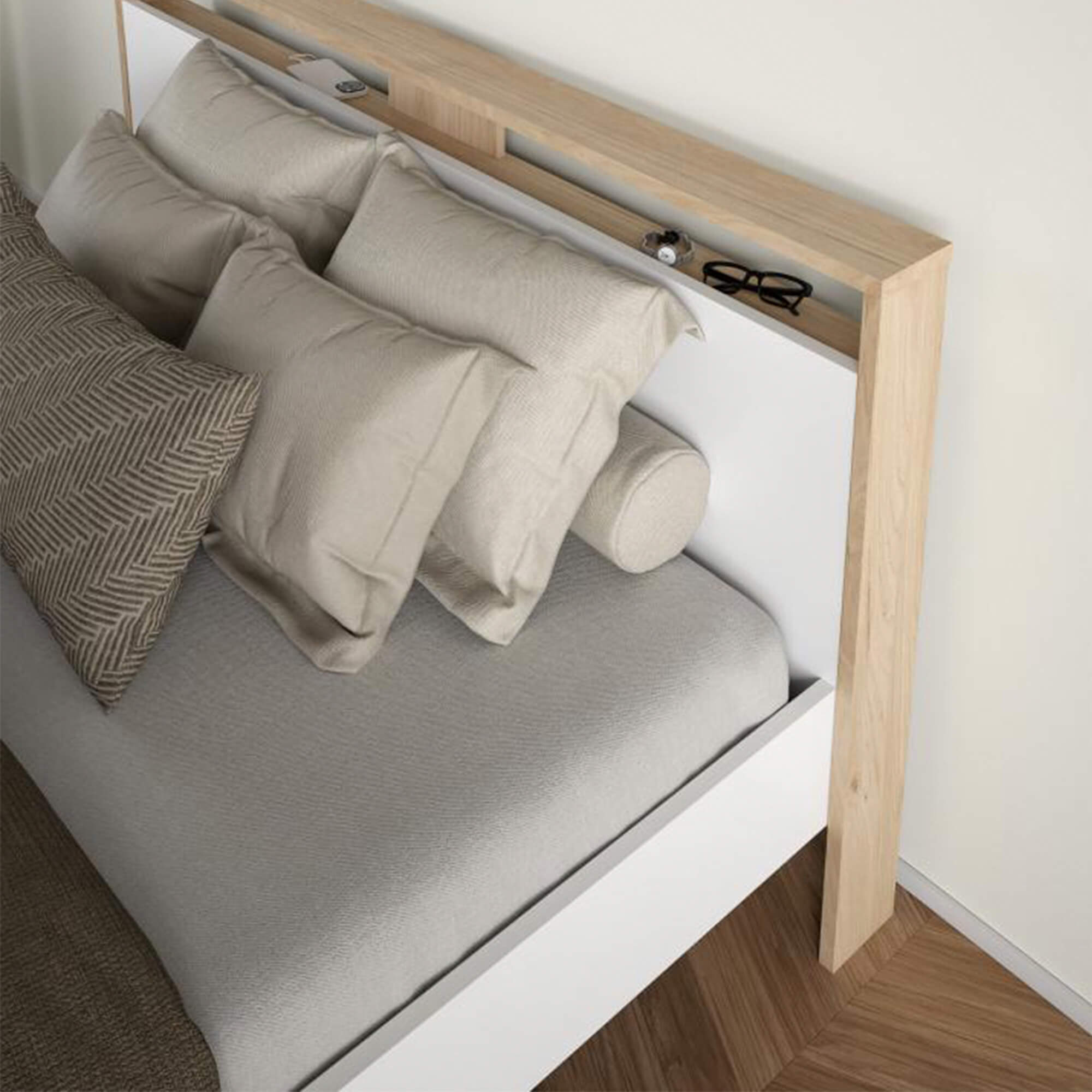 Cama-de-casal-NEXT-160-x-200-cm---Carvalho-e-Branco-Brilho