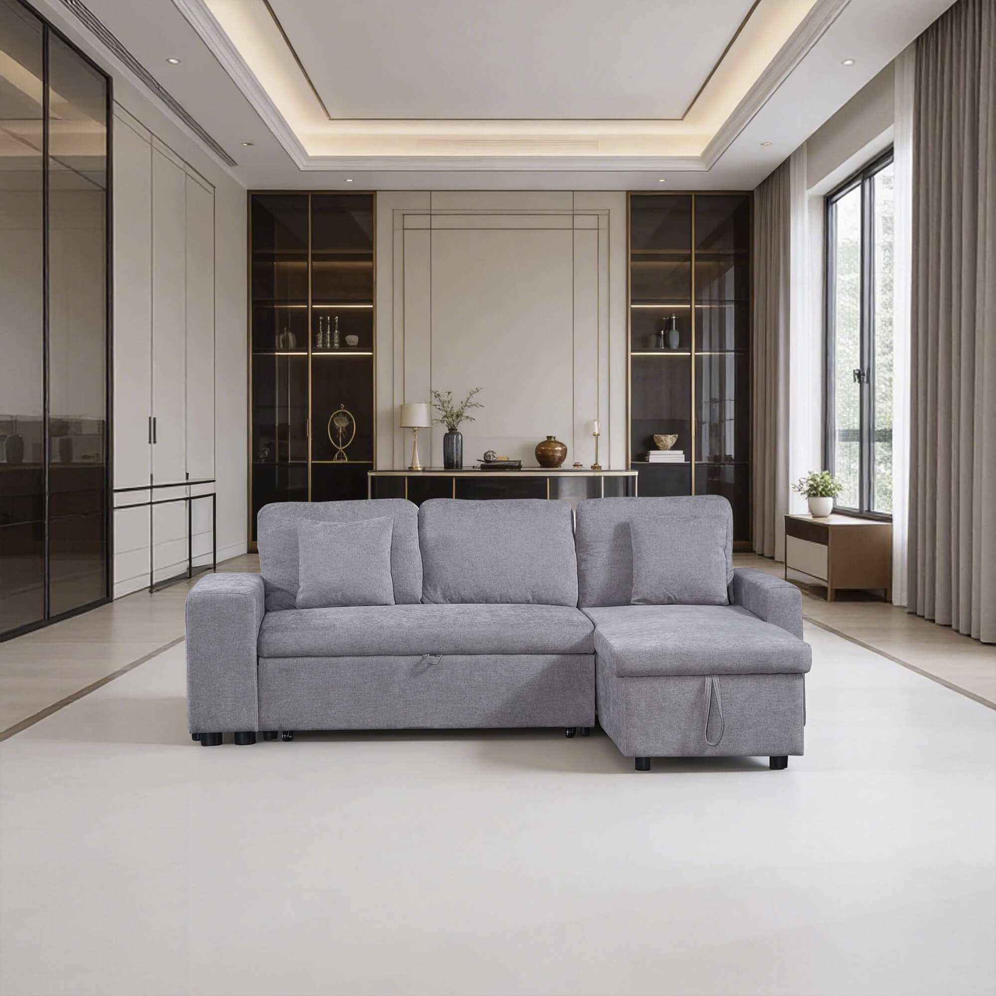 Sofa-chaise-lounge-reversivel-TOPAZIO-com-cama-bau-e-puffs-Cinzento---Reversivel