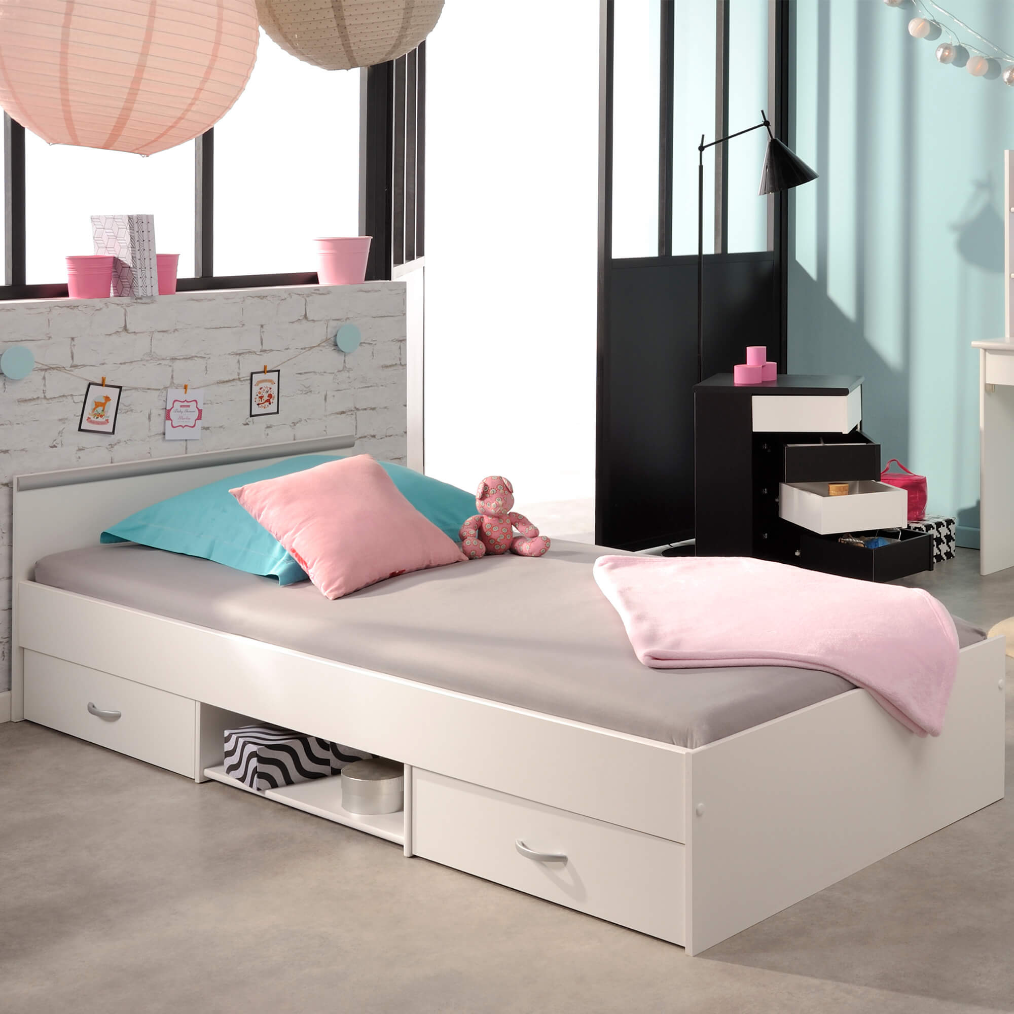 Cama-de-solteiro-ROMEO-com-gavetas-90-x-200-cm---Branco