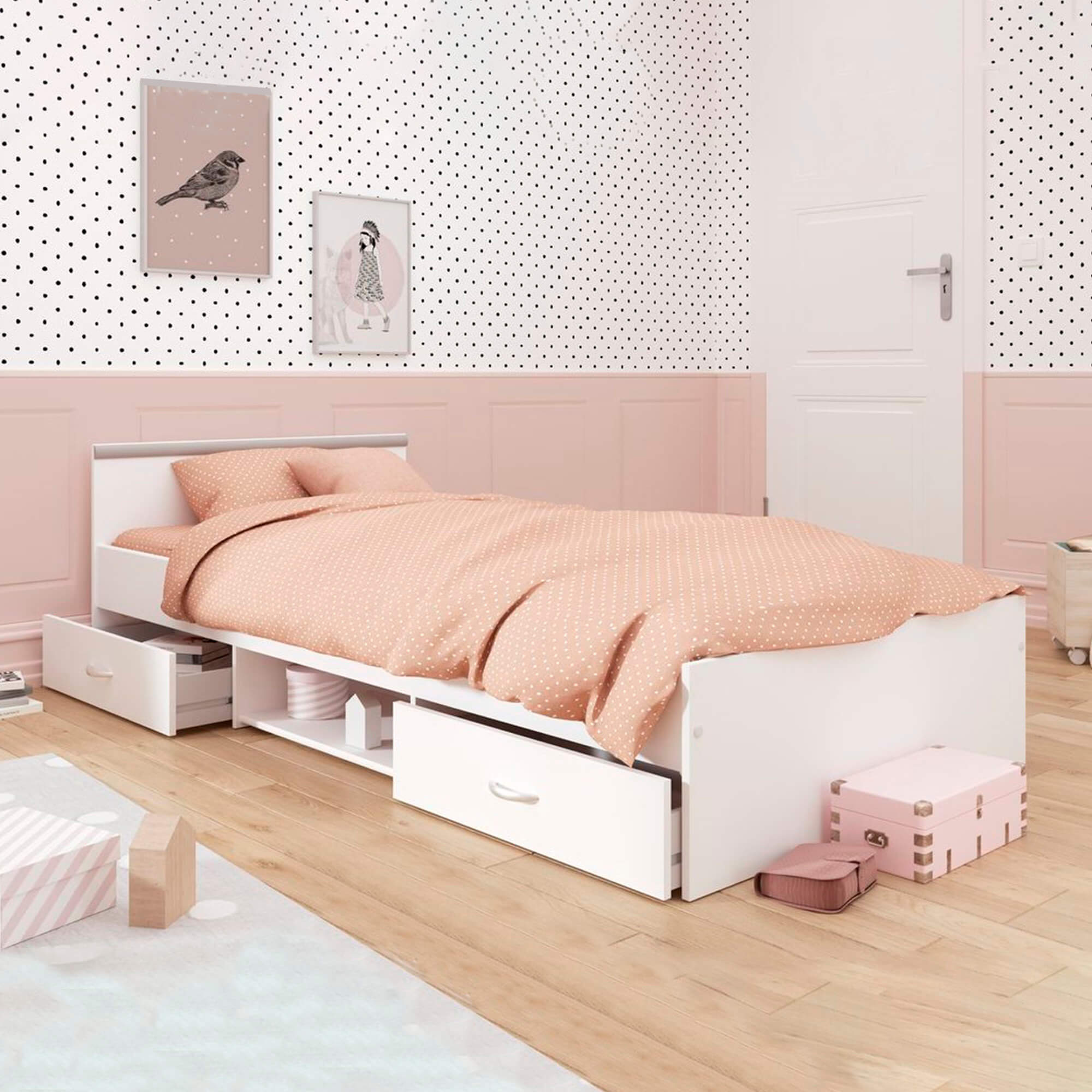 Cama-de-solteiro-ROMEO-com-gavetas-90-x-200-cm---Branco