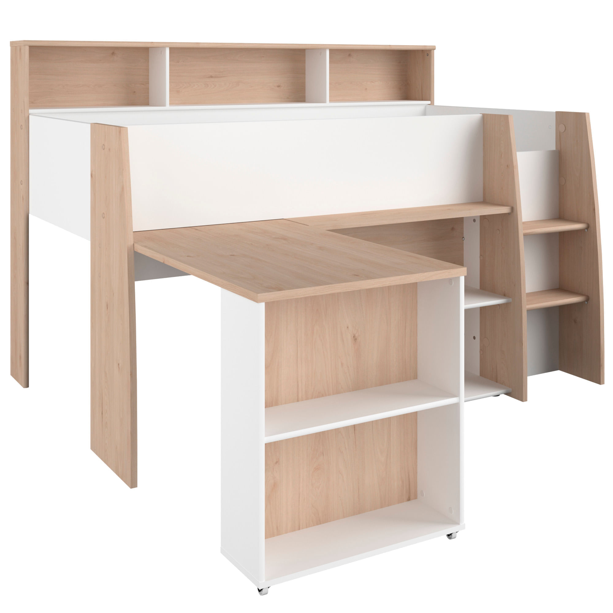 Cama-alta-LUCAS-com-secretaria-extensivel-90-x-200-cm---Carvalho-e-Branco