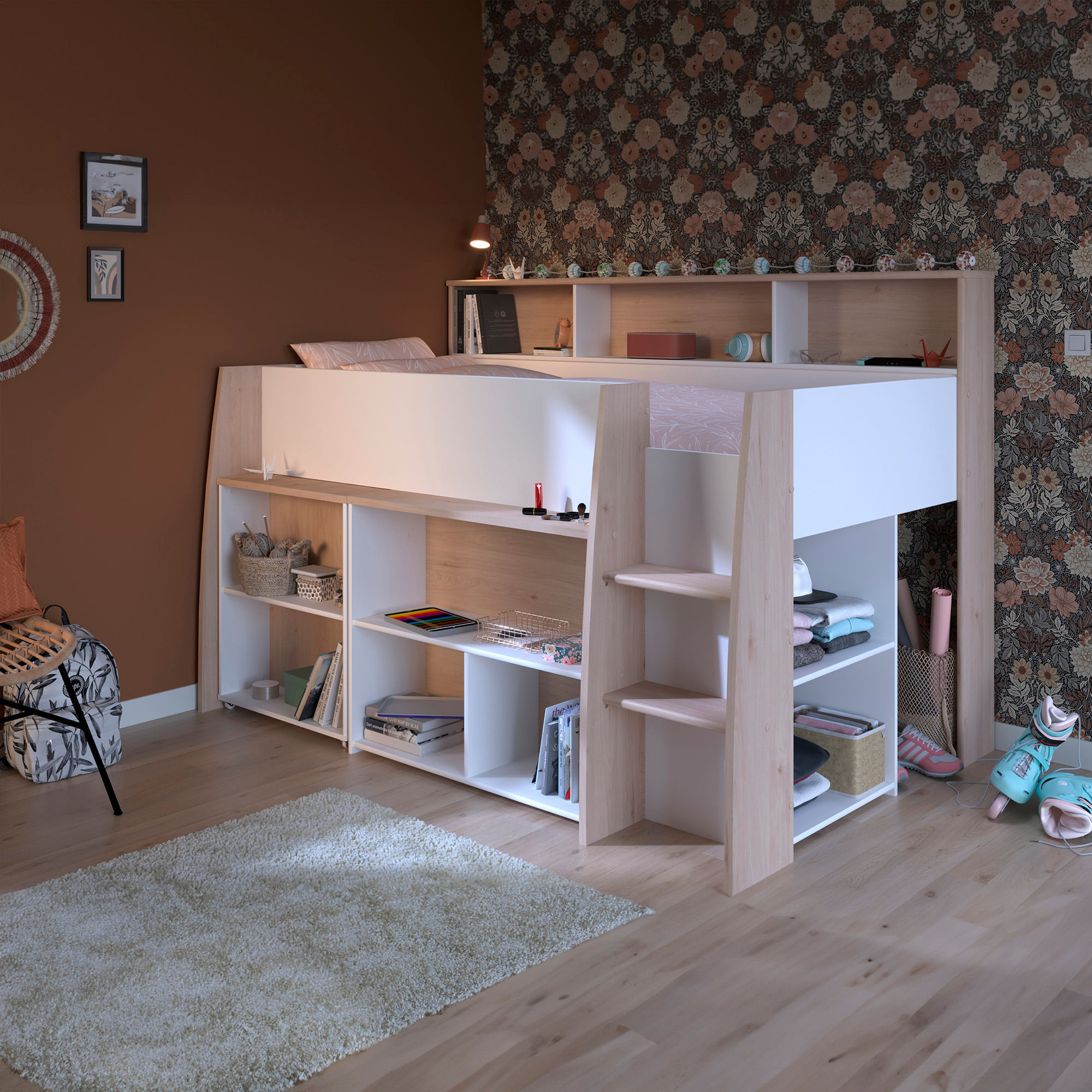 Cama-alta-LUCAS-com-secretaria-extensivel-90-x-200-cm---Carvalho-e-Branco