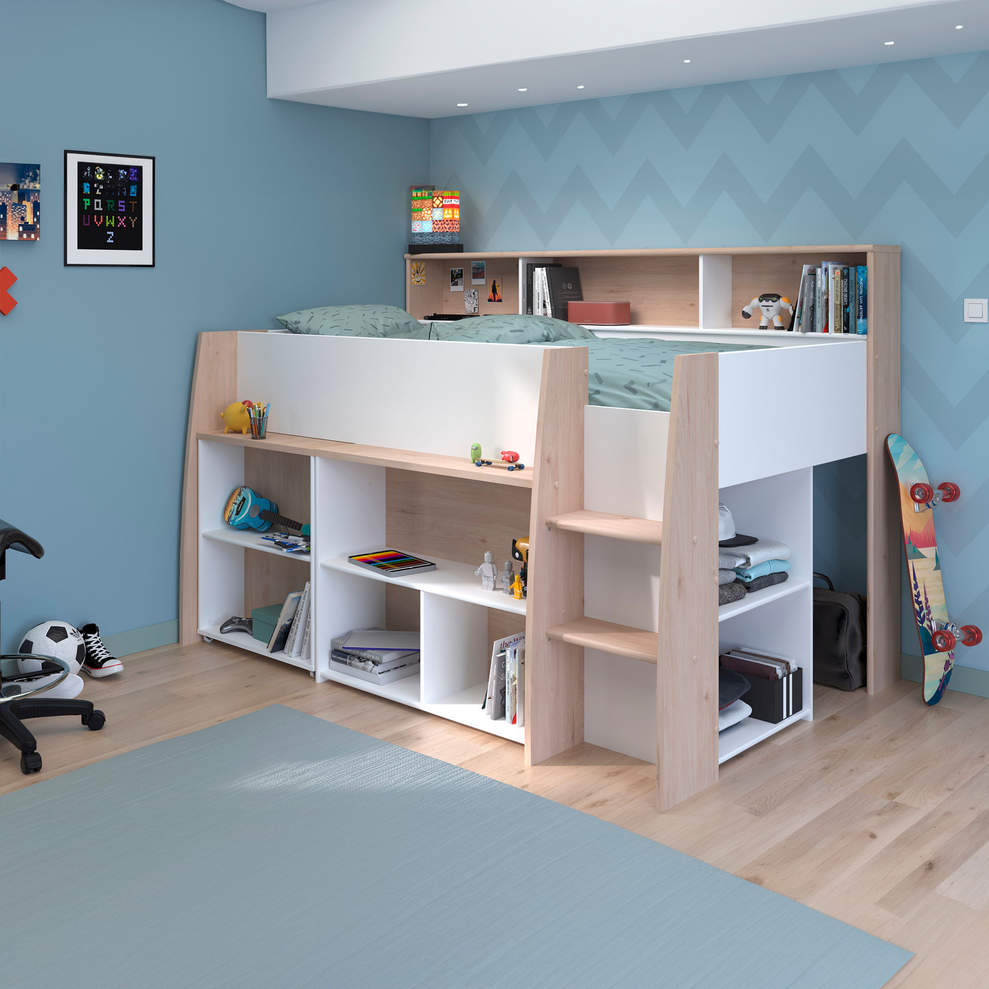 Cama-alta-LUCAS-com-secretaria-extensivel-90-x-200-cm---Carvalho-e-Branco