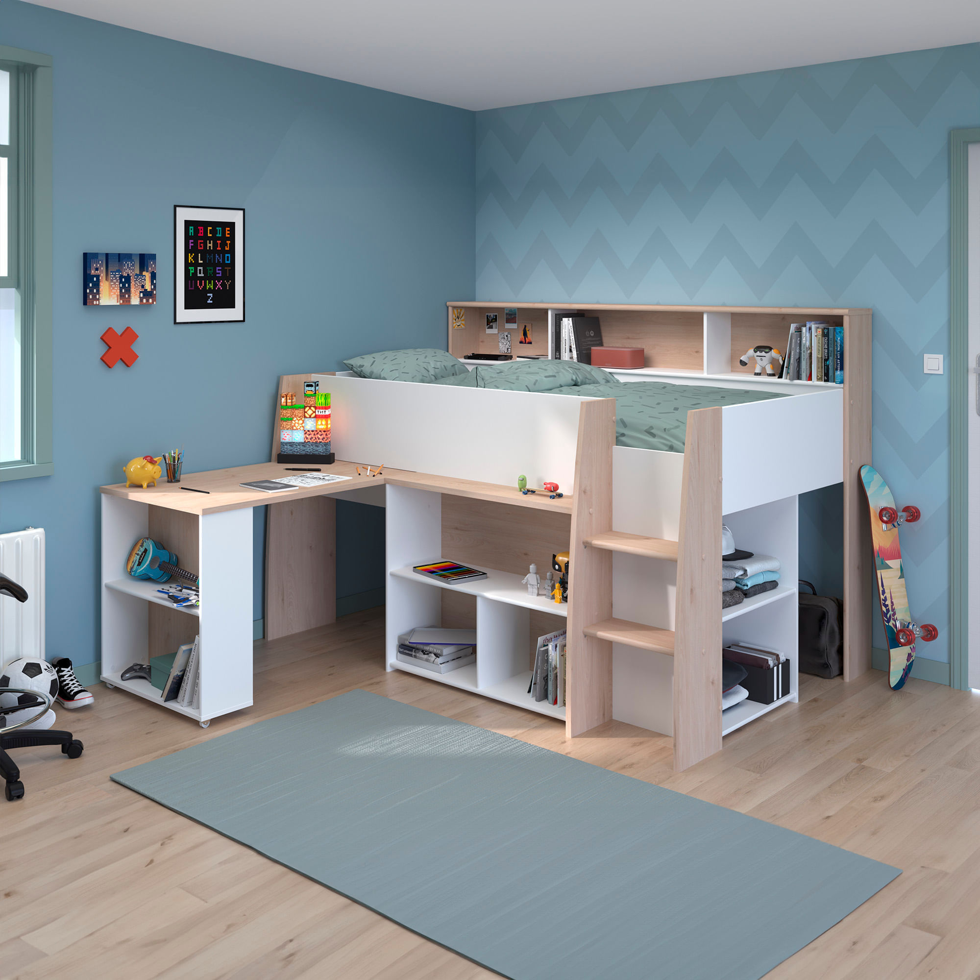 Cama-alta-LUCAS-com-secretaria-extensivel-90-x-200-cm---Carvalho-e-Branco