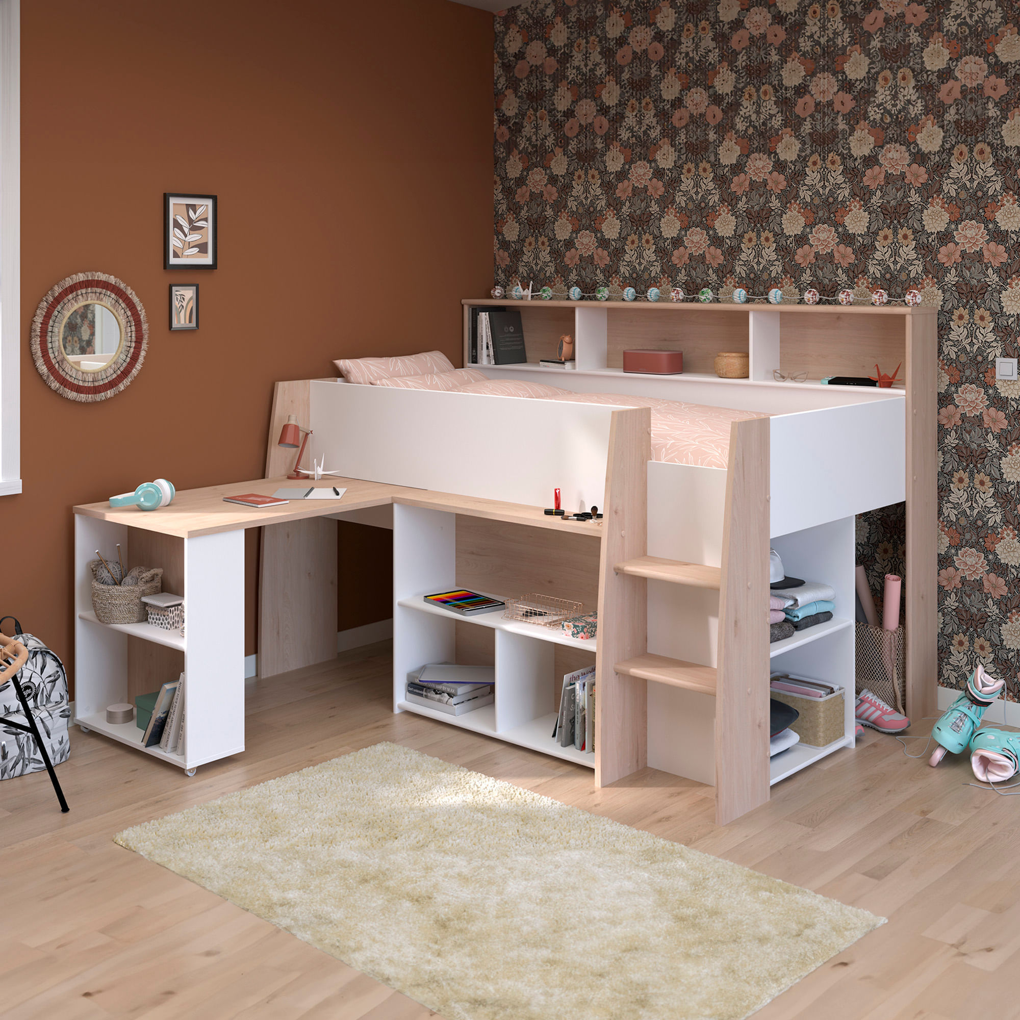 Cama-alta-LUCAS-com-secretaria-extensivel-90-x-200-cm---Carvalho-e-Branco