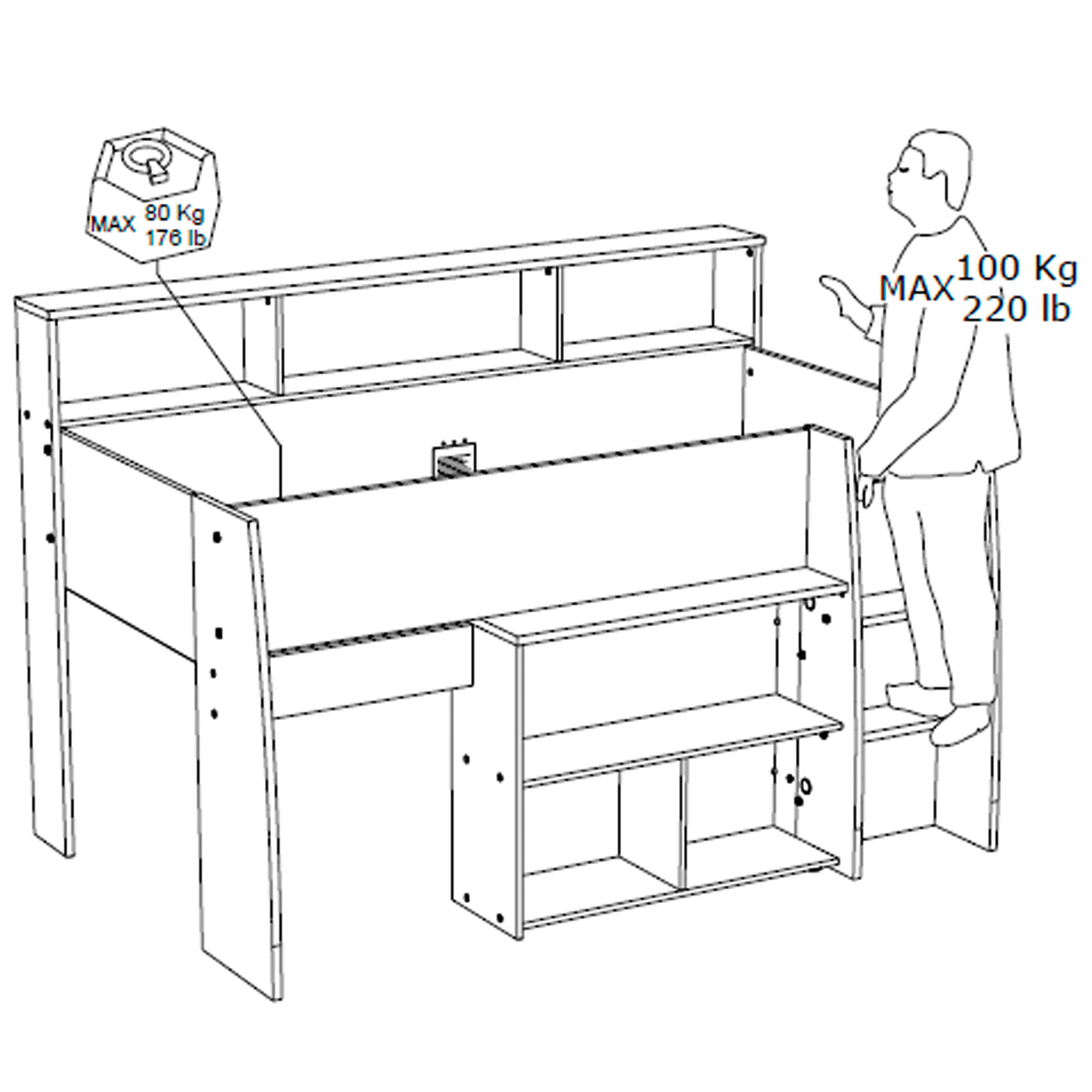 Cama-alta-LUCAS-com-secretaria-extensivel-90-x-200-cm---Carvalho-e-Branco