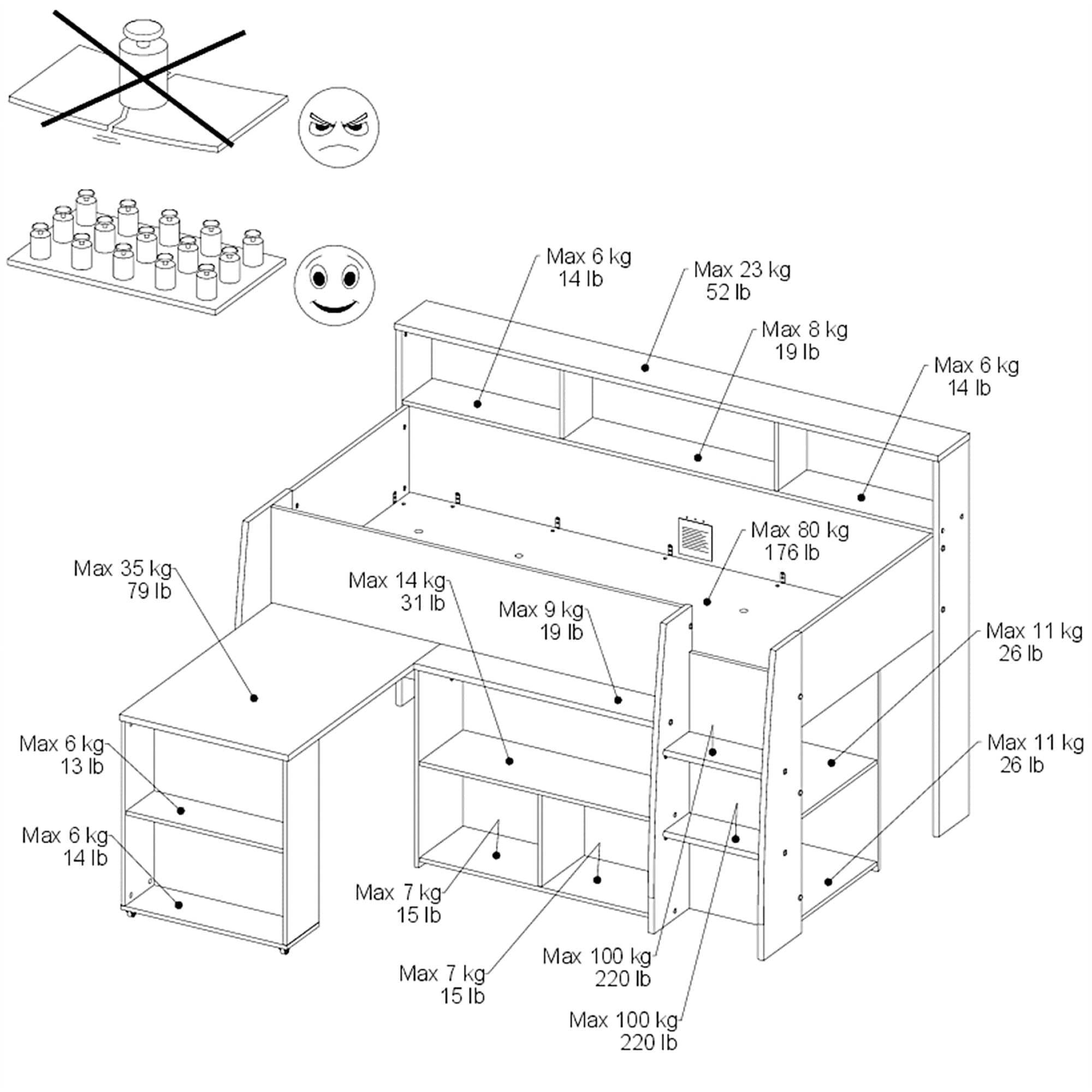 Cama-alta-LUCAS-com-secretaria-extensivel-90-x-200-cm---Carvalho-e-Branco