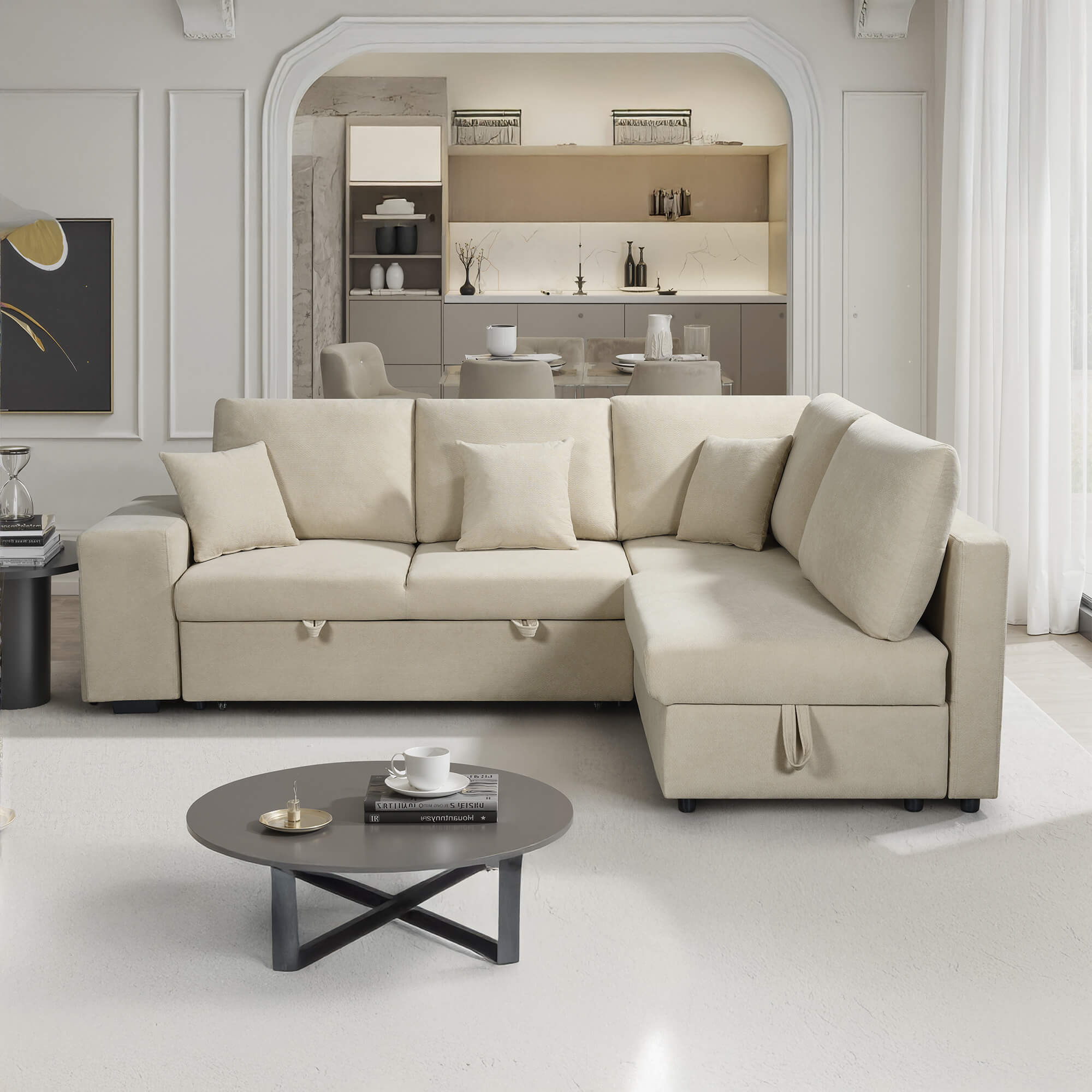 Sofa-de-canto-HUTCH-II-com-cama-bau-e-puffs-Bege---Direita