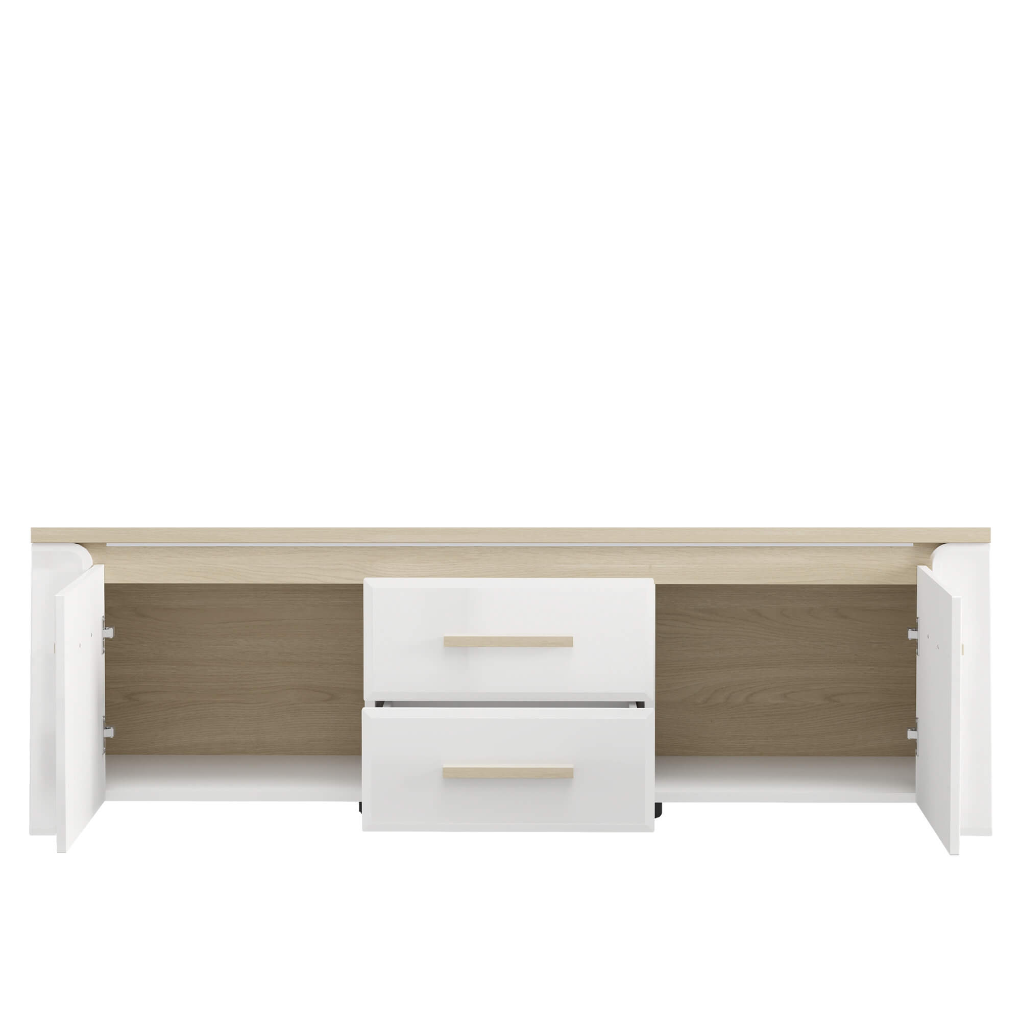 Movel-TV-ABERDEEN-com-2-portas-e-2-gavetas-Branco-Brilho-e-Carvalho
