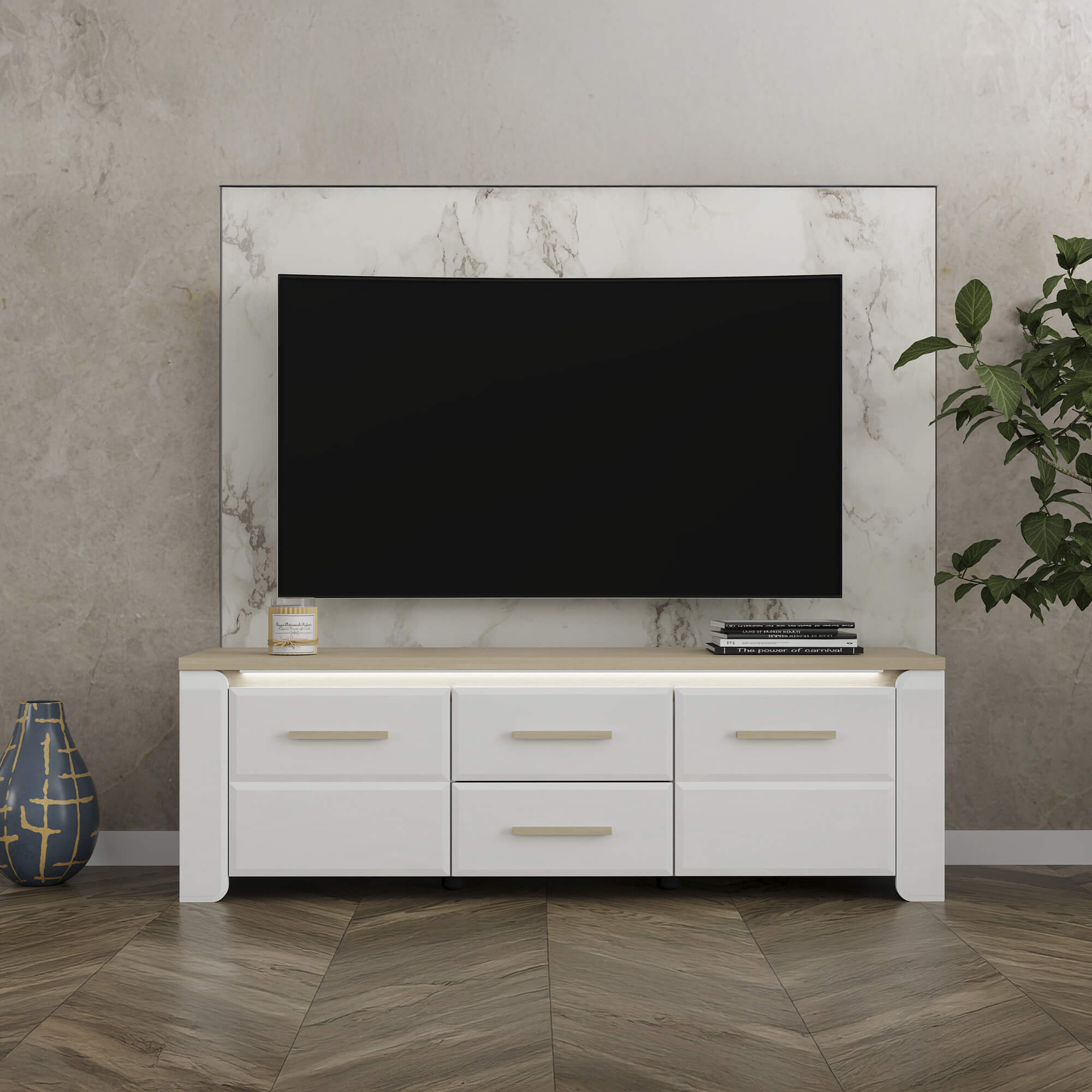 Movel-TV-ABERDEEN-com-2-portas-e-2-gavetas-Branco-Brilho-e-Carvalho